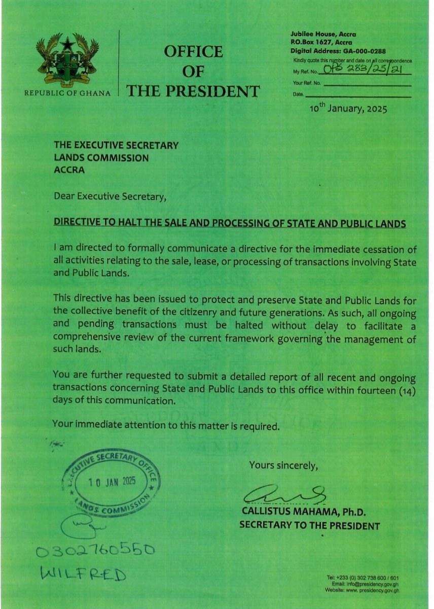 President <a href="/JDMahama/">John Dramani Mahama</a> directs Lands Commission to halt all sales of public lands.