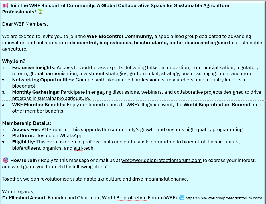 Dr Minshad Ansari, CEO @Bionema (@minshaddr) on Twitter photo Urgent call for joining the WBF Biocontrol Community!
The call will close on January 31, 2025, and only a few experts who meet the criteria will be accepted.
#biocontrol #biopesticides #biofertilizer, #organic and #agriculture <a href="/Bionema/">Bionema Group</a> Urgent call for joining the WBF Biocontrol Community!
The call will close on January 31, 2025, and only a few experts who meet the criteria will be accepted.
#biocontrol #biopesticides #biofertilizer, #organic and #agriculture <a href="/Bionema/">Bionema Group</a>
