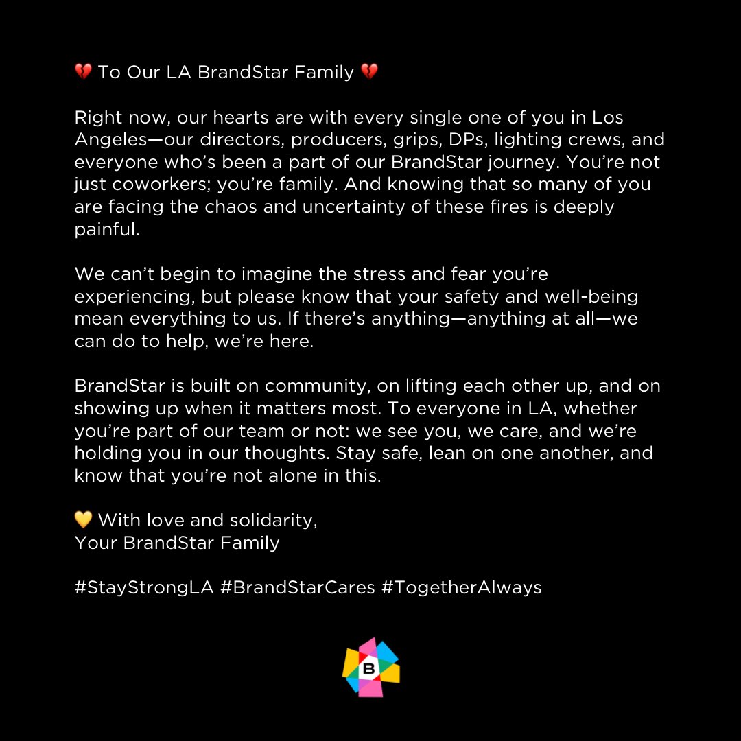 Our hearts are with everyone impacted by the devastating Los Angeles fires, including our LA BrandStar team. Stay tuned as we share more on how we can come together to support those in need. #StayStrongLA #BrandStarCares #TogetherAlways