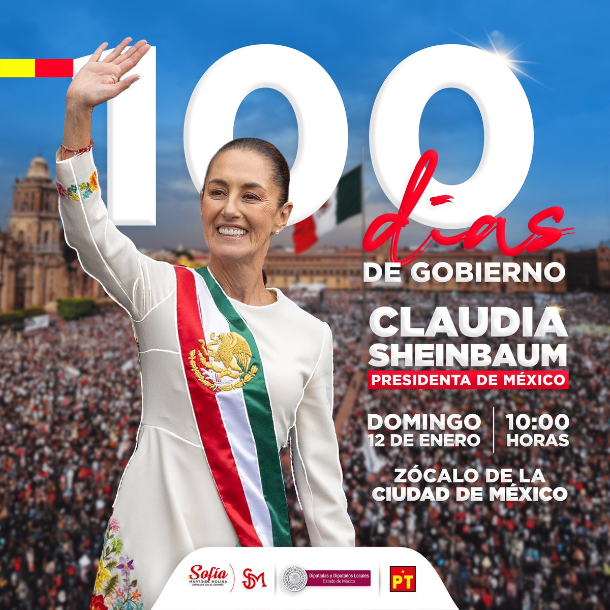 ¡Únete a la celebración! Vamos todos al Zócalo a acompañar a nuestra Presidenta, <a href="/Claudiashein/">Claudia Sheinbaum Pardo</a> , en su informe por los primeros 100 días de gobierno. #ClaudiaSheinbaum #Informe #100Días #CDMX
