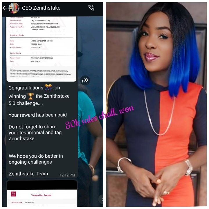 CoachNaomilov's tweet photo. At first I thought it won't be possible, but God plus my consistency and hard work brought this to reality. @zenithstake thanks for this privilege for announcing me as one of the winners 🏆 of the just concluded sales challenge. @coach_faith1 thank you so much for ur mentorship. https://t.co/c9ZLccXe1p