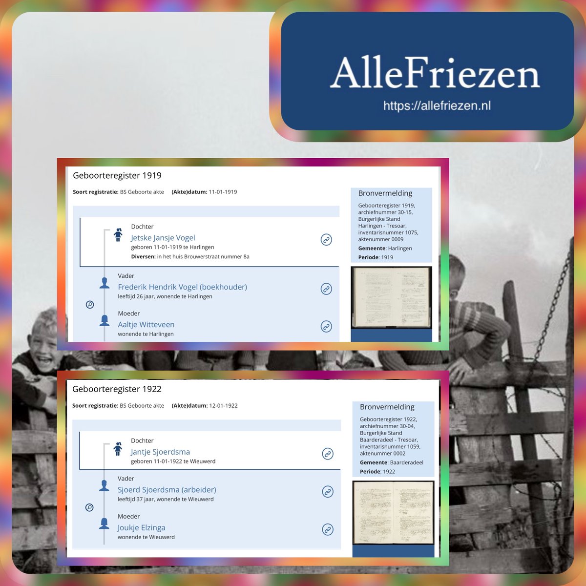 Op 11 januari 1919 werd te Harlingen geboren Jetske Jansje Vogel, dochter van Frederik Hendrik Vogel (boekhouder) en Aaltje Witteveen.
Deze week toegevoegd de geboorten van Harlingen 1919 en Baarderadeel 1922.
#stamboomonderzoek #genealogie #harlingen #sudwestfryslan