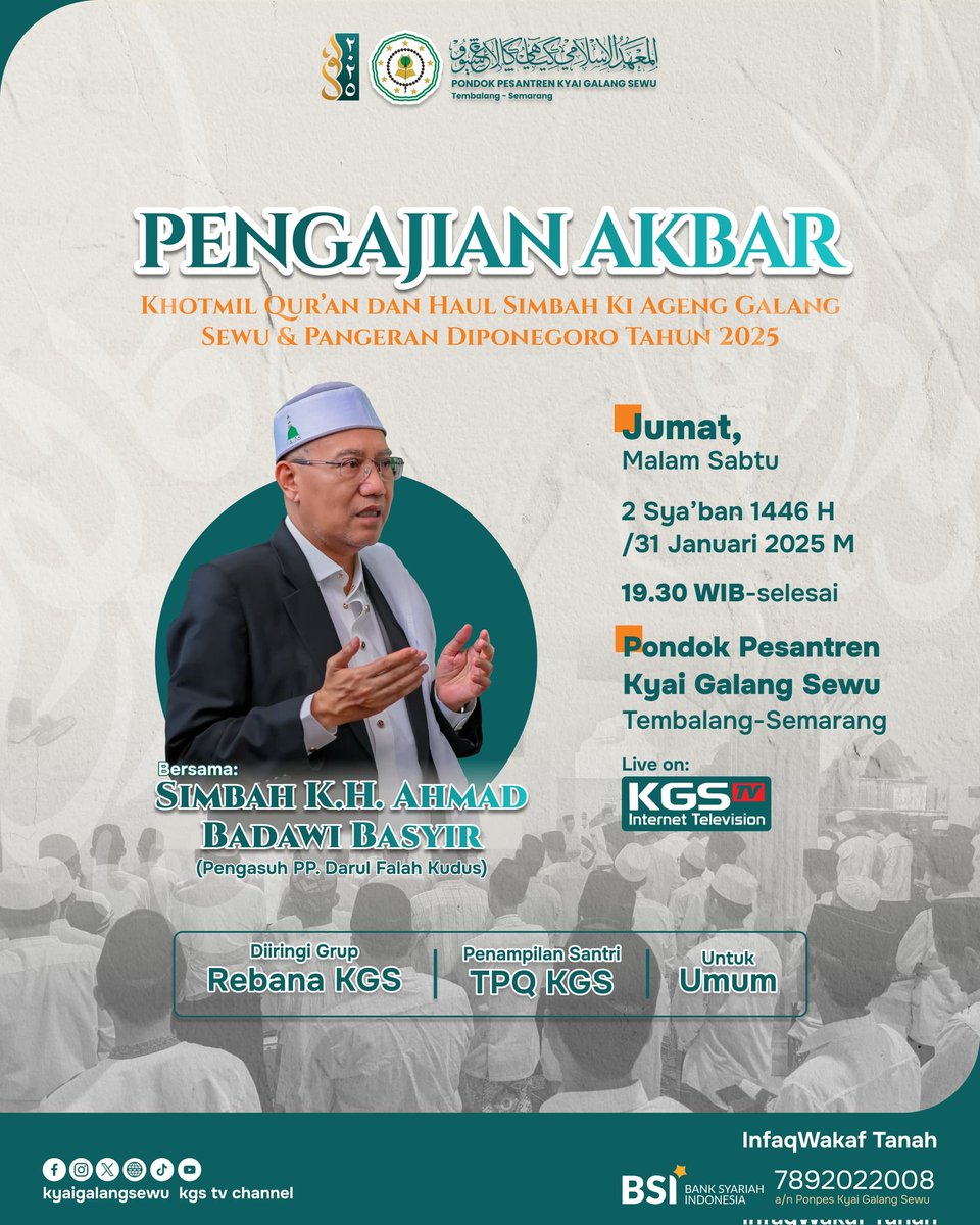 Tinggal 20 hari lagi🙌
Hadirilah Pengajian Akbar dalam rangkaKhotmil Qur'an dan Haul 2025 PP.KGS

Yuk agendakan jadwal kalian di tanggal 31 Januari 2025. Ditunggu kehdirannya🙌🙌
