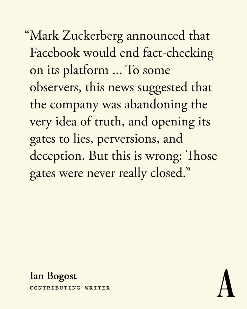 The Atlantic on X: "The idea that something called “fact-checking” could be applied to social-media posts, in aggregate, is absurd, @ibogost writes. The effort Facebook attempted under the name “fact-checking” was always