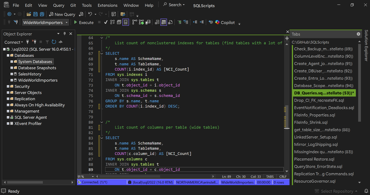Dave_DotNet's tweet photo. SSMS Dark Mode is available from Preview 21
#sql #sqlserver

Turn it on from  ....
Environment>Visual Experience>Color theme
or
Tools>Theme

They've started with the most used screens and dialogs so it's a partial implementation only but its great to see the ball rolling on this.