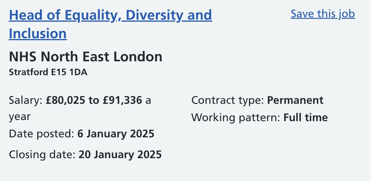 £90k for this NHS diversity role in London.

Job description...

- Stamping out any logic
- Microaggression monitoring
- Pronoun enforcement
- Policing untoward thought
- Woke festivity planning 
- Lanyard procurement 
- Bastardise the medical dictionary 
- Spread divisive hate