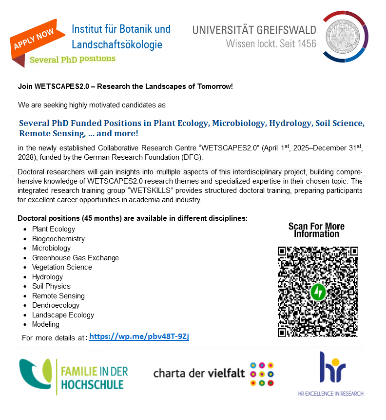 📌 Several PhD Funded Positions in Plant Ecology, Microbiology, Hydrology, Soil, Remote Sensing, … at University of Greifswald in Germany 🇩🇪, See details at: wp.me/pbv48T-9Zj
