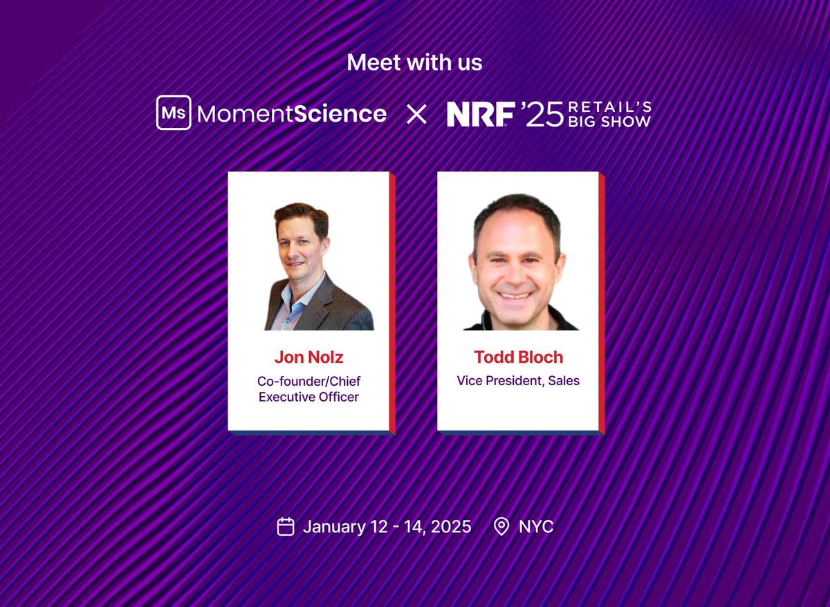 MomentScience_'s tweet photo. 🚨 MomentScience is heading to #NRF2025! 🗽 Catch our CEO Jon Nolz & VP of Sales Todd Bloch at Retail’s Big Show in NYC!
📅 Jan 12–14, 2025
📍 Javits Center, NYC
📩 Want to connect? Let’s chat!
#RetailInnovation #CustomerEngagement #LoyaltySolutions #MomentScience https://t.co/XLw6JNh5ev