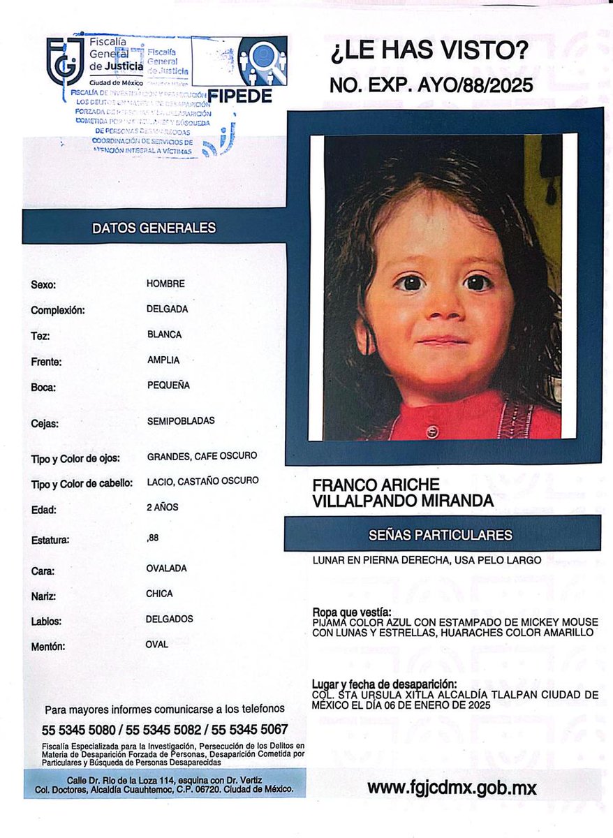 SCatedras's tweet photo. 🚨 AYUDA URGENTE: Se busca a Franco Ariché Villalpando Miranda 🚨

Franco Ariché fue sustraído ilegalmente por su padre, en un grave caso de violencia vicaria.

⚠️ Tu ayuda es fundamental. Comparte este mensaje y revisa la ficha de búsqueda adjunta para más detalles. https://t.co/cHv2X7Exqd