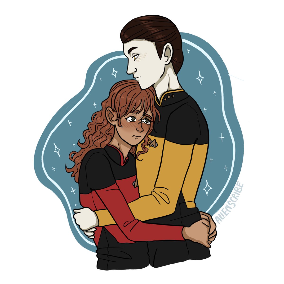 I low-key ship my Bajoran OC Mara with Data sometimes!! ✨ However she's kinda hopping timelines a lot and doesn't have a fixed spot in canon yet... so it's very loose! (sharing/doubles okay!)