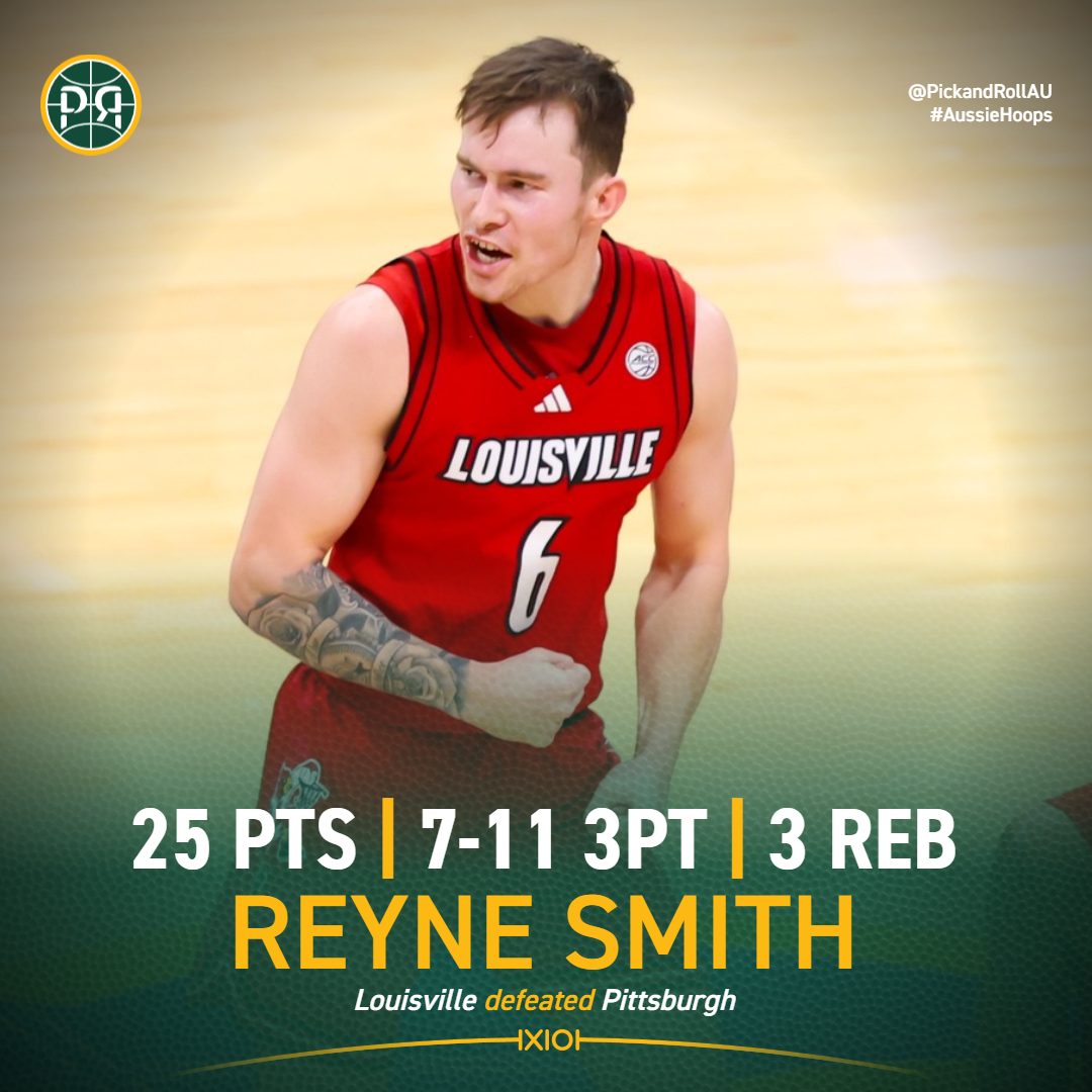 PickandRollAU's tweet photo. Tasmanian @reynesmith made it rain from downtown, going on an individual 8-2 run to close out a statement road win for Louisville over Pittsburgh, 82-78.
His 7 made three's was a season-high and the 12th time his has drained 3+ triples in 24-25🔥
#AussieHoops #NCAAMBB https://t.co/MYrC5t9Qp7