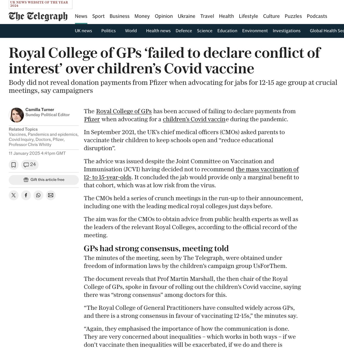 UsforThemUK's tweet photo. The ubiquity of conflicts of interest across the healthcare and pharmaceutical industries is plain to see when the Royal College of GPs doesn't even attempt to deny that it had a conflict, or that it failed to declare it.  

ABPI figures in fact indicate that between 2020 and 2023 the RCGP received more than £500k from Pfizer.

Having failed to disclose that it had a financial relationship with Pfizer, @rcgp gave unequivocal, supposedly independent, advice and encouragement for the CMOs to deploy Pfizer's product to children across the UK:

"The Royal College of General Practitioners have consulted widely across GPs, and there is a strong consensus in favour of vaccinating 12-15s".

(The only vaccine on offer to 12-15s at that time, was Pfizer's.)

Whatever these organisations may say about sponsorship policies, independence, percentages of income, contractual agreements... when someone gives you half a million pounds your objectivity and independence is impaired.

https://t.co/rYmHpf3gvH
