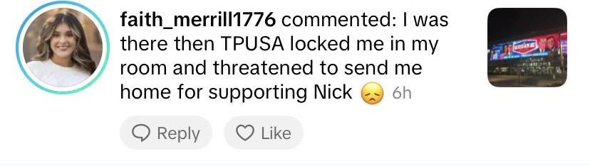 DrKarlynB's tweet photo. Apparently, @TPUSA is so afraid of @NickJFuentes that they literally locked students in their rooms to prevent them from seeing Nick speak outside the convention center in Detroit.

What are they so afraid of? Why can't students think for themselves? https://t.co/MDcL6Zh1Xo