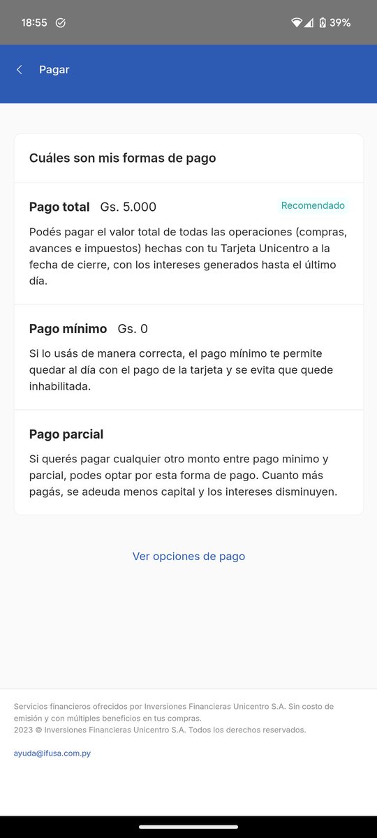 cin_balbuena's tweet photo. Unicentro te cobra ₲ 5000 si querés pagar su tarjeta en un solo pago 👀 Incentivan a que pagues el pago mínimo. 
¿Esto es legal? @sedecopy @Santula https://t.co/s1CIUpmsN9