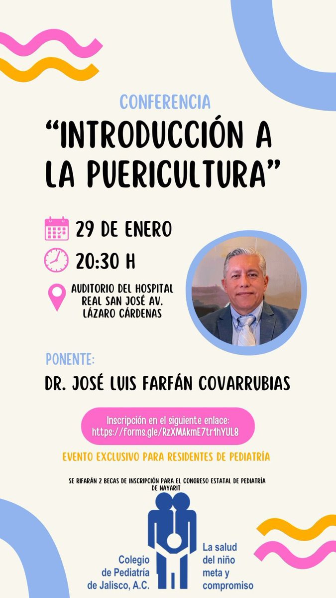 colpedjal's tweet photo. El Colegio de Pediatría de Jalisco A.C.  invita a su sesión académica bimensual exclusiva para Residentes de Pediatría en el Hospital Real San José de Lazaro Cardenas.

Enlace de inscripción:

https://t.co/GmC3EE5Qos https://t.co/LYUVdBjQdN