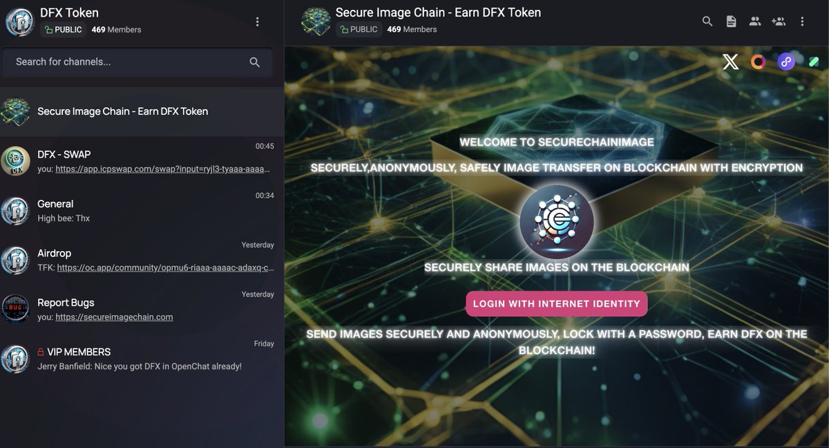 Now you can use Secure Image Chain on <a href="/OpenChat/">OpenChat ∞</a> 
Thanks to OpenChat for Embedded Channel Feature.

#Web3Storage #ICP <a href="/ICPSquad/">ICPSquad</a> @icp_Japan_ <a href="/icphub_US/">ICP HUB United States</a> <a href="/ICPHUBS/">ICP HUBS NETWORK</a> <a href="/icphub_KE/">ICP HUB Kenya</a> <a href="/icphub_PT/">ICP HUB Portugal</a> <a href="/icphub_CA/">ICP HUB Canada & US</a> <a href="/jerrybanfield/">Jerry Banfield</a>