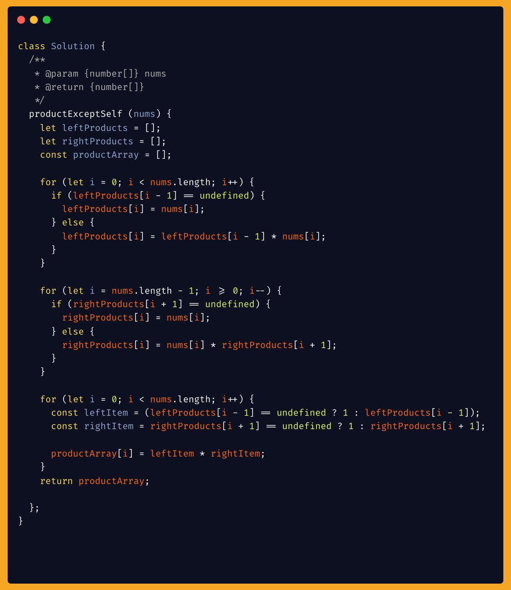 tryhardev's tweet image. Day 7 of #Neetcode150: Solved &quot;Products of Array Except Self&quot;. Created 2 arrays to store the products from the beginning and the end and used them to get the product of the current index. Done in O(n). 
 #100DaysOfCode