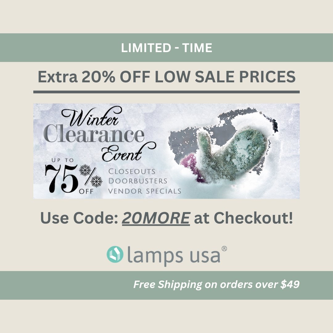 lampsusa1's tweet image. ❄️ Winter Clearance! Up to 75% OFF + Extra 20% OFF sale prices!

✨ Use Code: 20MORE
⏳ Ends Jan 15, 2025!

🛒 Shop now: bit.ly/3iFzJVQ

#WinterDeals #ShopAndSave #LampsUSA