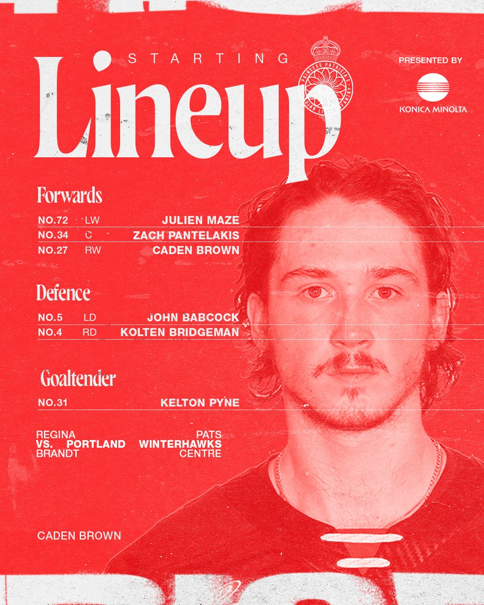 WHLPats's tweet photo. 🚨 Starting Lineup!
Same squad as last night, with one change—Pyne gets the start between the pipes!
Tune in:
📻 @620ckrm
💻 WHL Live
🤝 Konica Minolta CA
#ReginaPatsHockey #SeeThemRise #whl #REGvsPOR https://t.co/1mTHT6YRJa