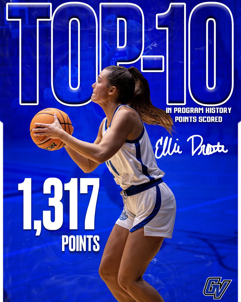 gvsuwbb's tweet photo. Nothing but buckets! 🏀
With her four points tonight, Ellie Droste has moved into 10th place all-time in GVSU program history with 1,317 points!
#AnchorUp https://t.co/mEZDyspsWW