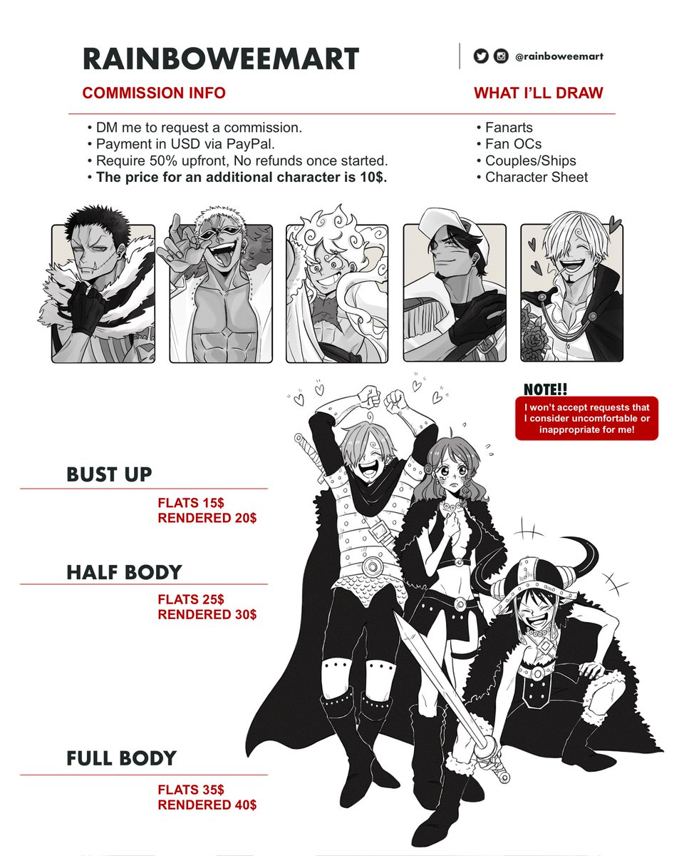 Rainboweemart's tweet image. ❣️• 𝗡𝗲𝘄 𝗖𝗼𝗺𝗺𝗶𝘀𝘀𝗶𝗼𝗻 𝗦𝗵𝗲𝗲𝘁 •❣️
 
New year! I’m officially open again and I’ve finally created a proper comm sheet this time!! ( yayy ) If you’re interested feel free to DM me anytime! 💌

Full Info : rainboweemart.carrd.co
( More art samples below )

❤️🔁
