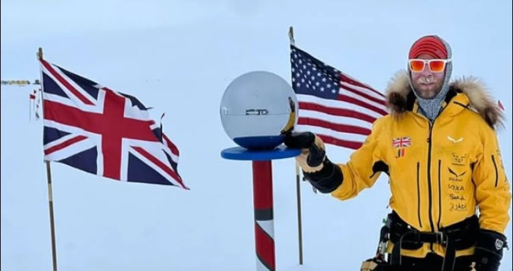 Congratulations to Jonny Huntington on a magnificent achievement on becoming the first disabled person to ski solo and unsupported to the South Pole but why is the Union Jack flying upside down there?