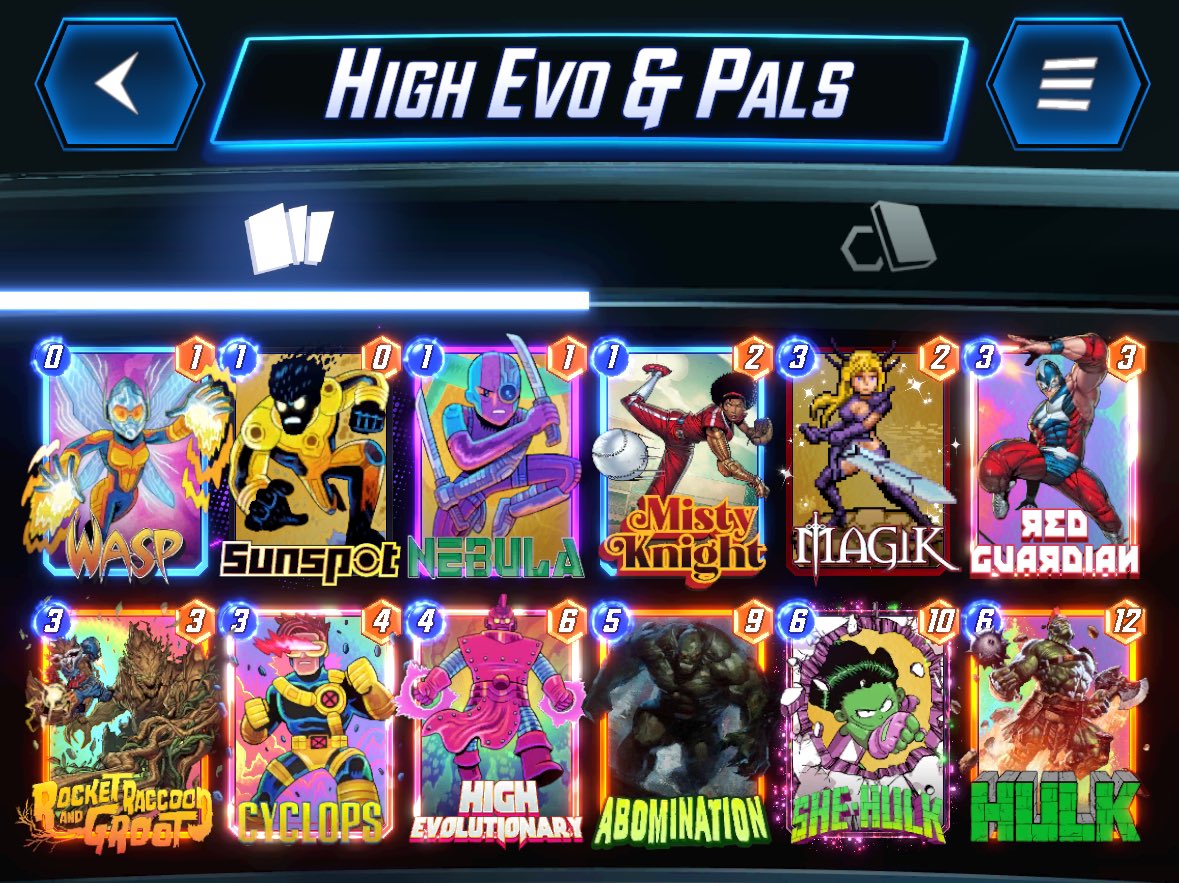 KFE_3_Snap's tweet photo. Infinite with High Evo &amp; Pals. Stack a lane with 1s, cyclops, and maybe R&amp;G, then drop the hulk bomb on t-6. Red Guardian great tech for Cage or Dracula. @SnapDecks @MarvelSnapRocks https://t.co/RtcQJyFXuG