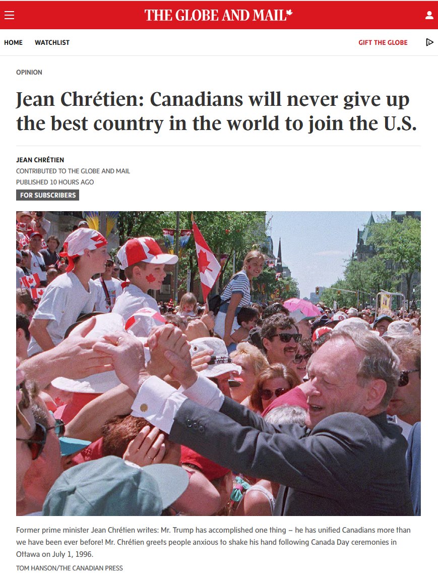 Such a great article from former Canadian PM Jean Chretien:

"I can tell you Canadians prize  our independence. We love our country. We have built something here  that is the envy of the world – when it comes to compassion,  understanding, tolerance and finding a way for people