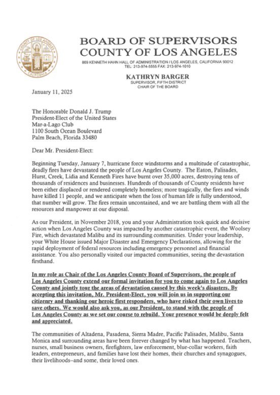 LeadingReport's tweet photo. BREAKING: Los Angeles County Board chair writes heartfelt letter to Trump urging him to visit fire damage.

“We remember well your previous considerable commitment to Los Angeles County in one of our darkest moments and hope you will accept this invitation to stand with our people again as our President.”