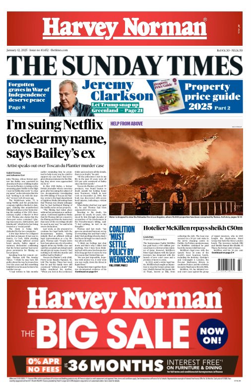 oconnellhugh's tweet photo. 🚨SUNDAY TIMES🚨 

💥Ian Bailey’s ex Jules Thomas to sue Netflix over doc on Sophie Toscan du Plantier murder, by @conwayisabel and @JulieanneCorr 

💥@LindaDaly19 with a big development in Paddy McKillen-Sheikh saga 

💥 @ClaireH_Scott on the scramble to form a new government https://t.co/oK4FvP81nW