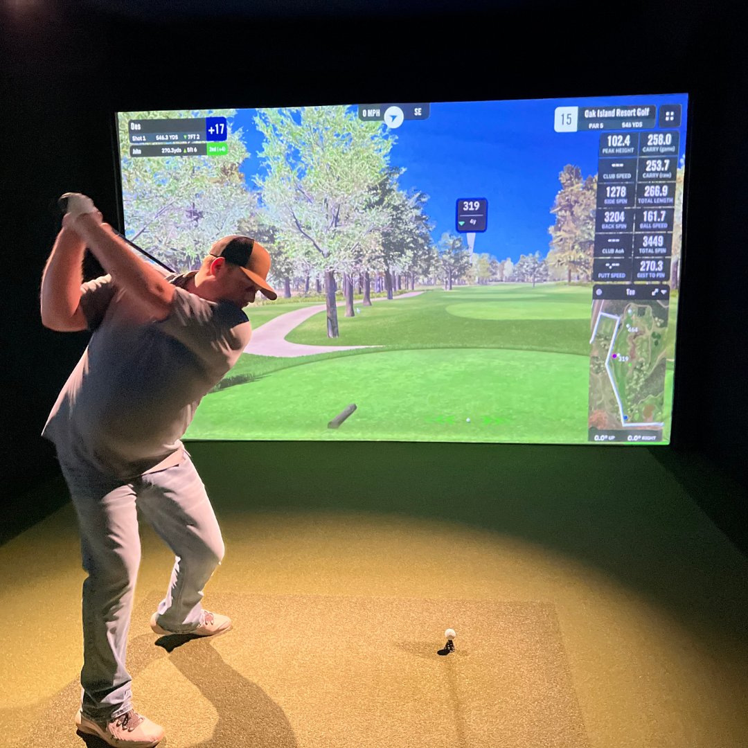 OakIslandGolf's tweet image. For those who haven't heard, Oak Island Golf is on @GSPro!😎

Oak Island General Manager Des Koop and VIP Oak Island Member John Nostedt recently checked it out at @evogolfbdn and say that it's as close as you're going to get to the real thing. 

#GSPro #oakislandgolf #simulator