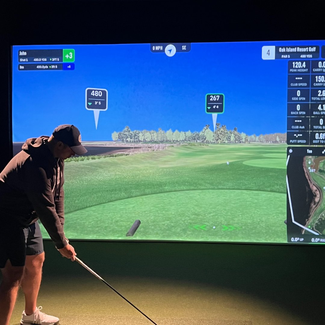 OakIslandGolf's tweet image. For those who haven't heard, Oak Island Golf is on @GSPro!😎

Oak Island General Manager Des Koop and VIP Oak Island Member John Nostedt recently checked it out at @evogolfbdn and say that it's as close as you're going to get to the real thing. 

#GSPro #oakislandgolf #simulator