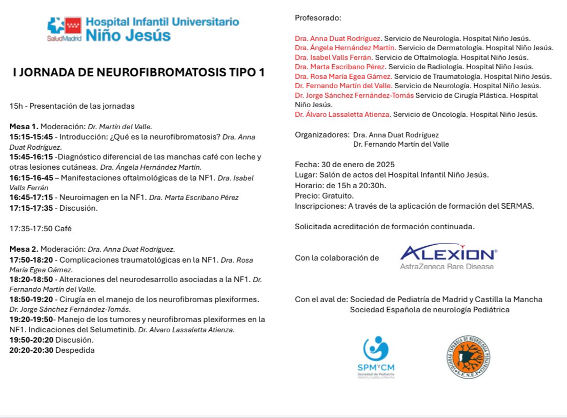 El próximo próximo 30 de enero se celebrará la I Jornada de Neurofibromatosis tipo 1 en el Hospital Niño Jesús, una jornada multidisciplinar con ponentes de primer nivel y amplia experiencia ¡os esperamos! #Neurofibromatosis #NF1 #NeuroHNJ