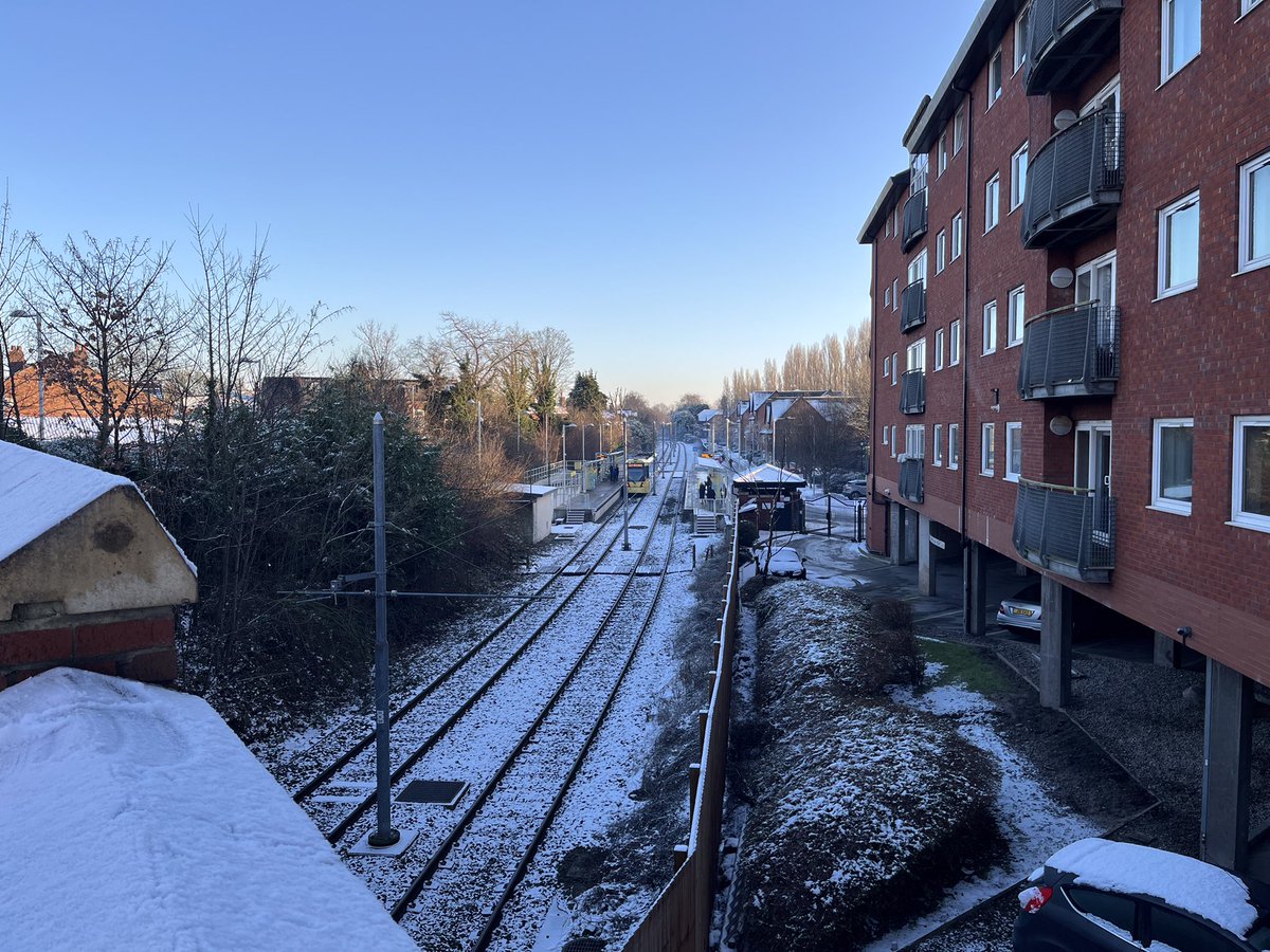 wilsosg's tweet photo. Sunny crisp snowy frozen midday walk into Didsbury for Art of Tea brunch and Village bookshop perusal ! Managed to capture a tram in the snow on the way back. My brother’s fantastic fish pastry pie for dinner followed by cheese board. Weather Quiz to end the night with hilarity ! https://t.co/WrVyCZ5rXL