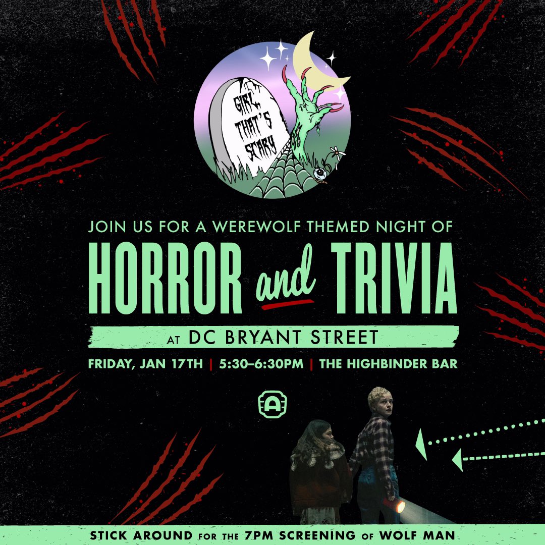 GTS Podcast (@girlthatsscary) on Twitter photo Howdy ya’ll!!! We are back at <a href="/AlamoDC/">Alamo Drafthouse DC Area</a> -Bryant Street on Friday January 17th at 5:30pm for werewolf Trivia.
Afterwards, hang back for a screening of Wolf Man (2025) Howdy ya’ll!!! We are back at <a href="/AlamoDC/">Alamo Drafthouse DC Area</a> -Bryant Street on Friday January 17th at 5:30pm for werewolf Trivia.
Afterwards, hang back for a screening of Wolf Man (2025)