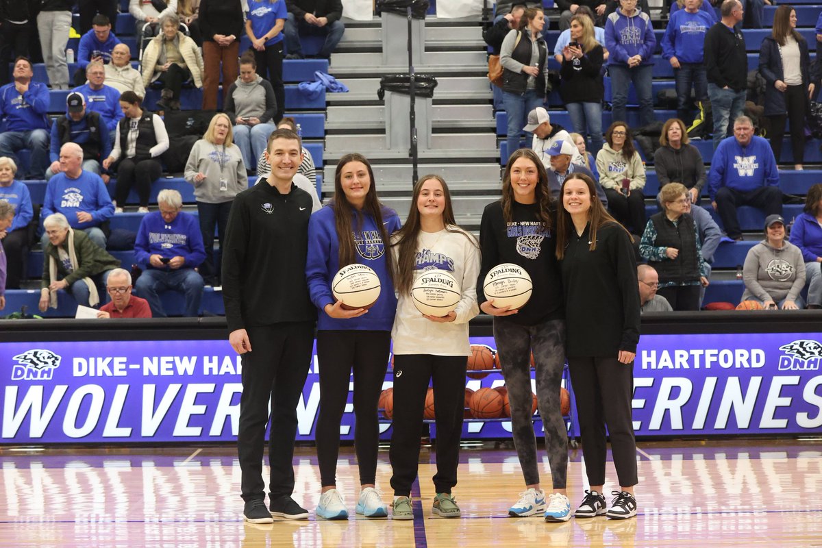 Last night, Maryn Bixby, Jadyn Petersen and Payton Petersen were recognized for their outstanding achievements on the basketball court as DNH Wolverines. Four state champions, 100+ wins, multiple achievements and records for all three #iahsgbb