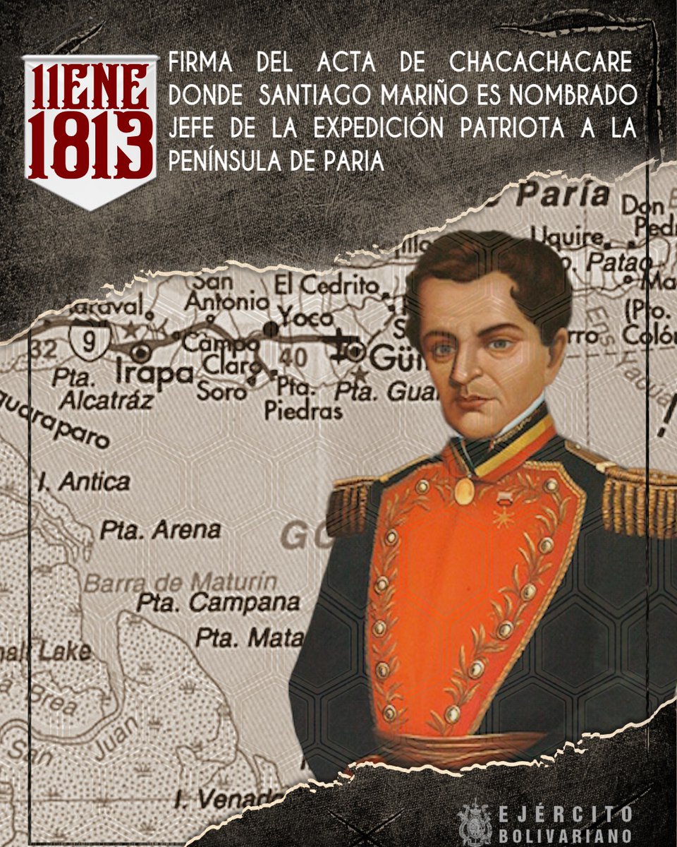 ejercito_ve's tweet photo. 🗓️#11Ene || La firma del acta de Chacachacare, donde Santiago Mariño es nombrado jefe de la expedición patriota a la península de Paria, es un momento significativo en la historia de Venezuela. Este acto marcó un paso importante en la lucha por la independencia del País. https://t.co/eSiMypN0Mu