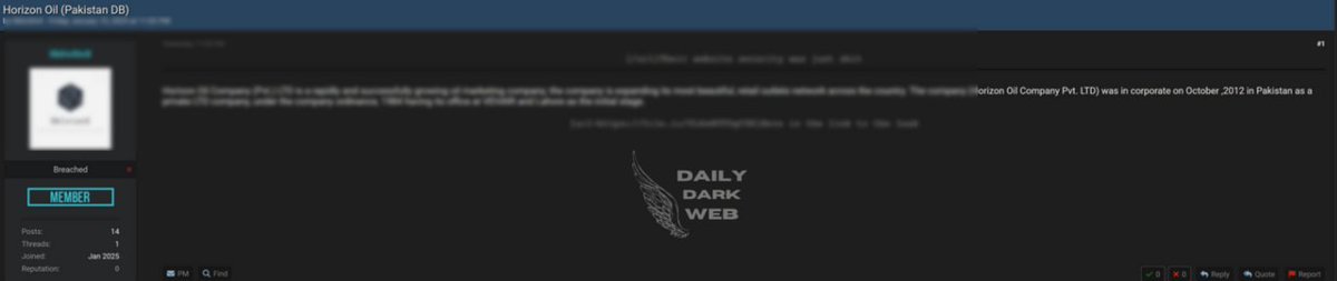 TweetThreatNews's tweet photo. Horizon Oil Pakistan hit by a serious data breach, exposing internal docs and operational data. This incident highlights the urgent need for stronger cybersecurity measures in the oil sector. ๐๐ผ #Pakistan #DataBreach #CyberProtocols #InfoDataLeak
link: https://t.co/zuqYs7utzM https://t.co/zpYDPemrc7