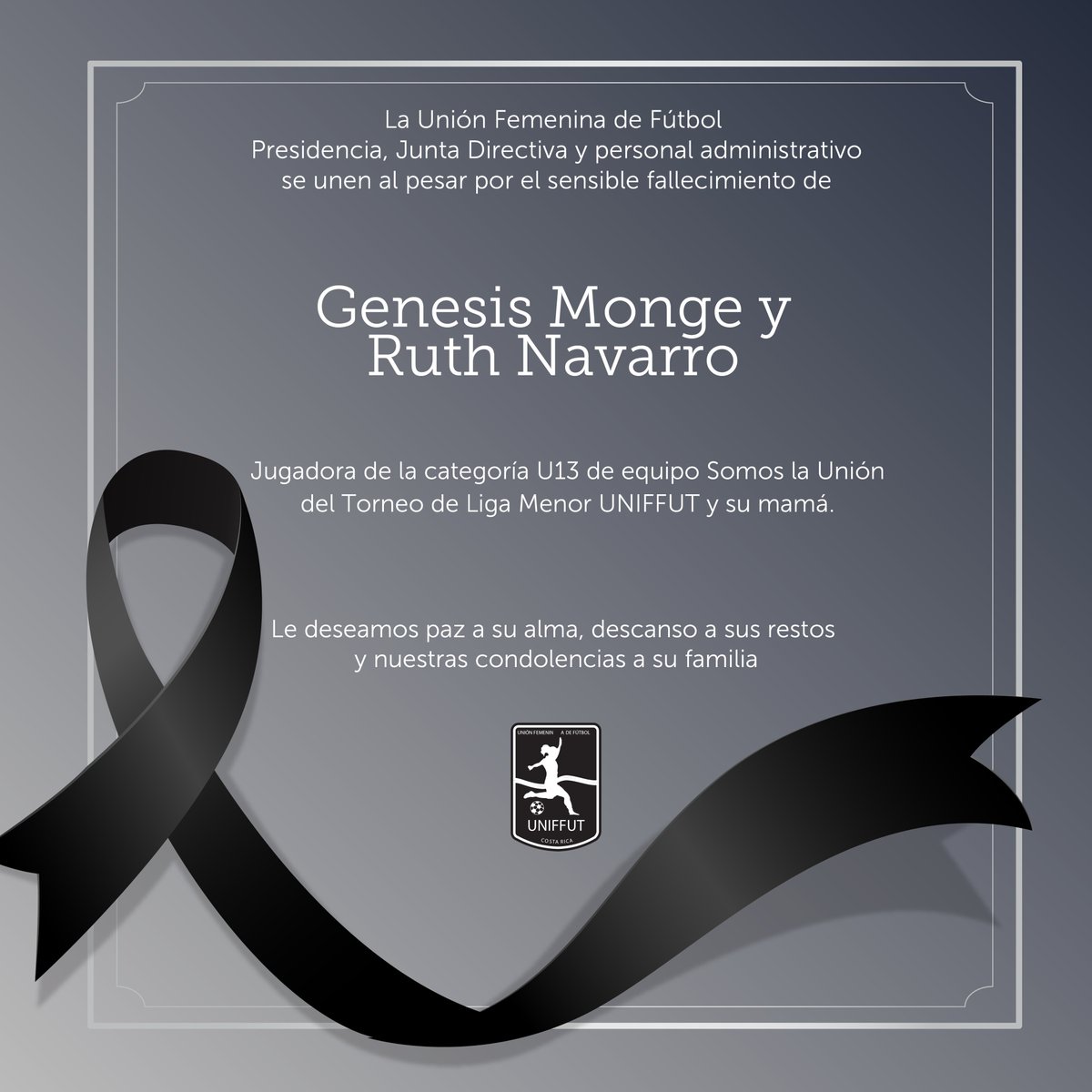 La Unión Femenina de Fútbol se une al dolor por el sensible fallecimiento de Genesis Monge y su madre Ruth Navarro; quienes perdieron la vida este viernes en un accidente de transito.

Nuestro más sincero pésame a sus familiares y miembros del equipo Somos La Unión.

#Uniffutcr