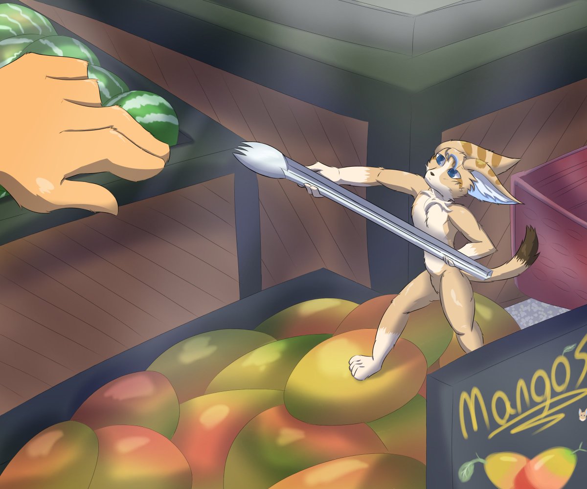 TheClockworkJes's tweet photo. My end of an art trade with @FoxNamedMango
Mango valiantly defending his fruit friends from their natural predators; people who like mangos...
Nothing like a good ol' spork poking to drive people away to other fruits. No mango's today.
#furry #furryart #furryartist #FurryMicro https://t.co/dvxyT6uL7r
