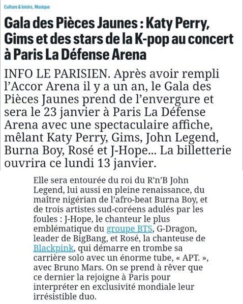 KpopInParis's tweet photo. [GALA DES PIÈCES JAUNES] 

Le Parisien annonce les invités du Gala des Pièces Jaunes : Rosé, Jhope et  Gdragon sont sur scène ! 

Vente des billets sur les sites habituels lundi 13 Janvier 2025 à 10h https://t.co/biMWmS1JO2