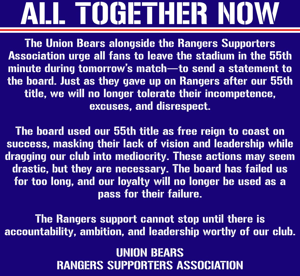 rangersfcsa's tweet photo. The RSA does not take the decision to protest lightly, but  having considered the content of the CEO’s press conference earlier today, it was concluded that there was no other option. https://t.co/2CbWB9Tgpd