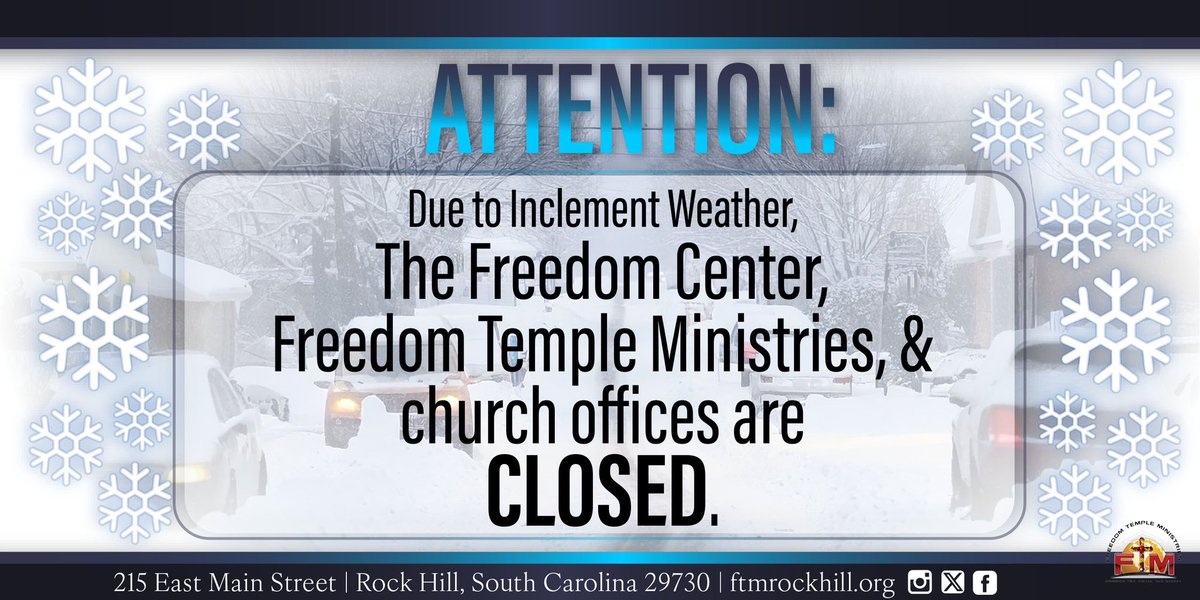 FTM_SC's tweet photo. There will be NO In-House Worship Service on Sunday, January 12th! Service will be 100% Virtual.
Please be safe! Use good judgement and caution during this time of inclement weather. #sharethispost #ftmrockhill https://t.co/YvbFxKRlT5