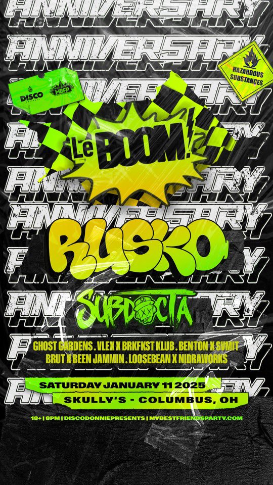 TONIGHT we celebrate 15 years of LeBOOM at <a href="/SkullysColumbus/">Skully's Music-Diner</a> 

With <a href="/ruskoofficial/">r</a> &amp; <a href="/subdocta/">SubDocta</a> 

Along with a STACKED local line up!!

Tickets are moving FAST - hive.co/l/rusko0111