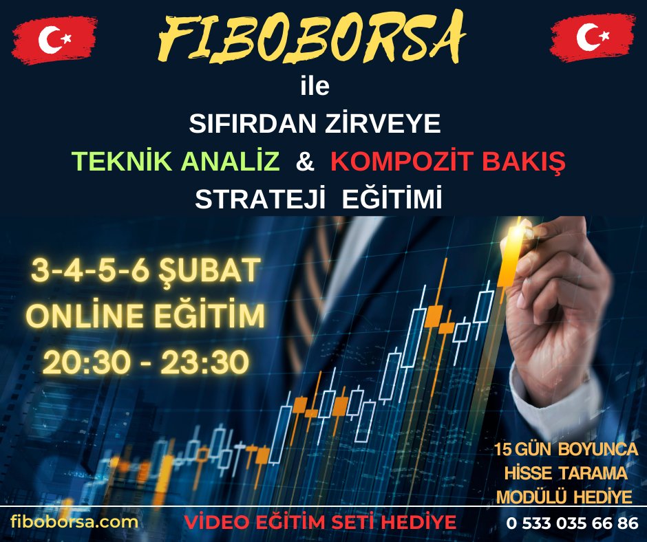 3-4-5-6 ŞUBAT 2025 'de 
SIFIRDAN ZİRVEYE ONLİNE TEKNİK ANALİZ &amp; KOMPOZİT BAKIŞ &amp; FİBOAYNA STRATEJİ EĞİTİMİ YAPACAĞIZ İNŞALLAH
#xu100 #bist100 #TradingView #matriks 

EĞİTİM SONRASI 1 AY BOYUNCA CANLI TOPLAMDA 12 SAAT CANLI YAYIN İLE DESTEĞE DEVAM...

Ayrıntılar