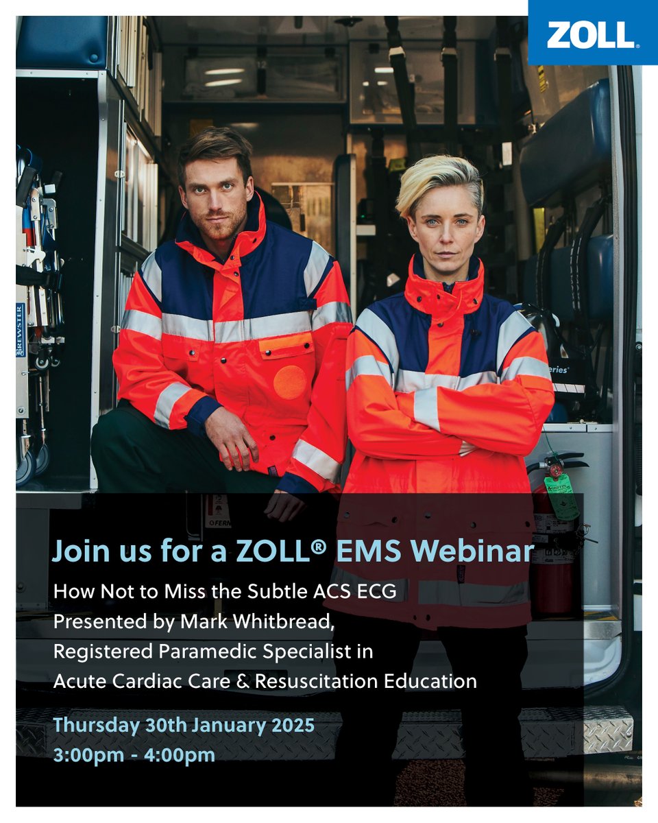 ZOLL EMS and Fire (@zollemsfire) on Twitter photo Acute Coronary Syndromes- Thursday 16th January 2025 - 15:00pm - 16:00pm (GMT)
Register here: hubs.ly/Q0326Zzq0
How not to miss the subtle ACS ECG- Thursday 30th January 2025 - 15:00pm - 16:00pm (GMT)
Register here: hubs.ly/Q03272D70
(English Speaking) Acute Coronary Syndromes- Thursday 16th January 2025 - 15:00pm - 16:00pm (GMT)
Register here: hubs.ly/Q0326Zzq0
How not to miss the subtle ACS ECG- Thursday 30th January 2025 - 15:00pm - 16:00pm (GMT)
Register here: hubs.ly/Q03272D70
(English Speaking)