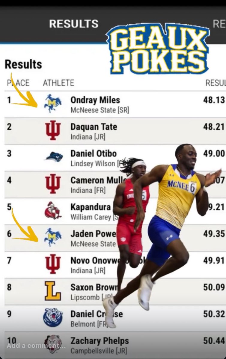 McNeeseTF_XC's tweet photo. Cowboys Strike Good again SR Ondray Miles men’s 400m #mcneese #runforthebrand #geauxpokes https://t.co/1upNFXsK9c