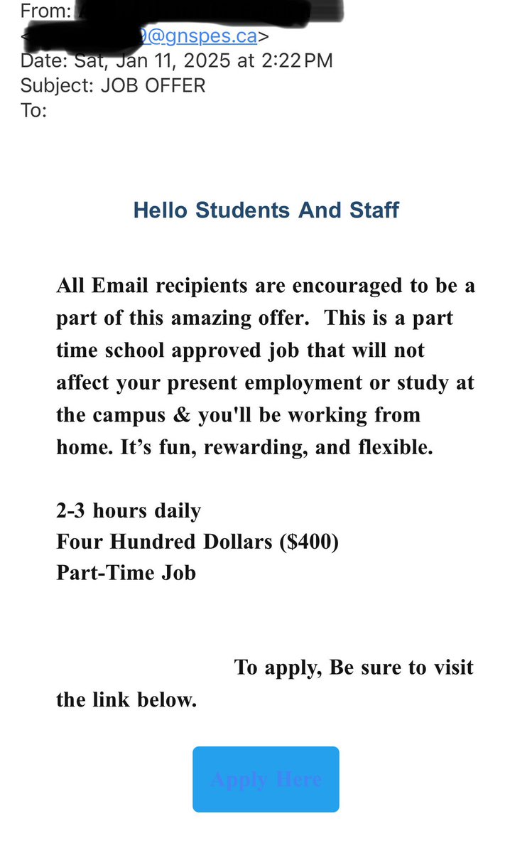 NSSchoolEyes's tweet image. That PowerSchool breach is likely about as “contained” as a fart on a plane. The @gnspes email address on this phishing attempt is from a grade 12 student at Amherst Regional High School. That’s @CCRCE_NS. Maybe more affected than just @CBVRCE_NS.

@nseducation