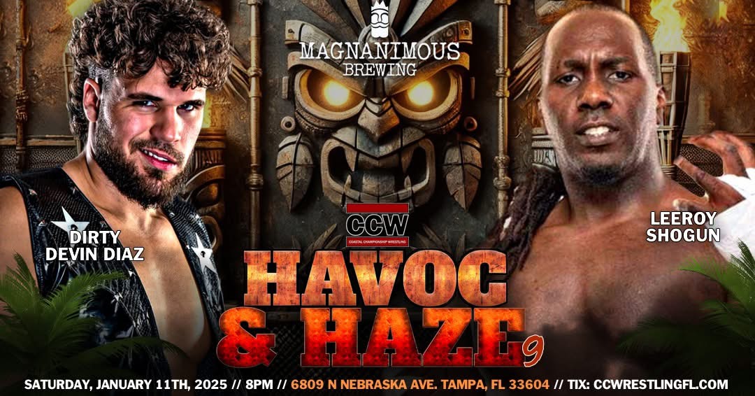 CCWAliveTV's tweet photo. TONIGHT, our hottest event Tampa yet with a stacked card for HAVOC &amp; HAZE 9!

- @malakaiblxck v Orion
- @SamHHolloway v @TheeAlchemistDM
- @Eddietaurus w/ @TheDrEric v @LogancruzPW
- @DirtyDevinDiaz v @LeeroyShogun
+ more!

Doors 7pm | Starts 8pm.

Tix 🎟️ https://t.co/ySrSrGe6Ke https://t.co/SykOHscIhD